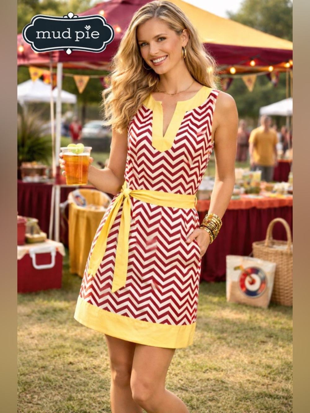 Mud Pie,Red & Yellow, Garnet & Gold Lightweight Chevron Dress, EUC, Size Large